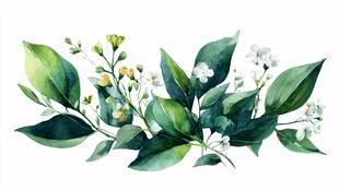 清新手绘绿叶白花植物图