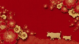 牛年喜庆红金花卉背景图