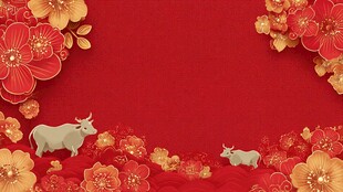 牛年喜庆花卉红底背景图
