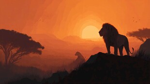 日落草原上的雄狮剪影