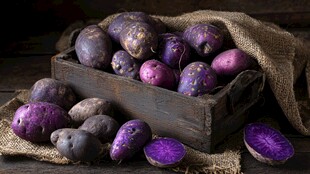 木盒中的紫土豆与麻布