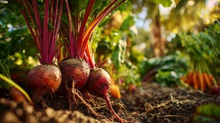 田地里新鲜的甜菜根茎