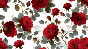 红玫瑰绿叶无缝花卉图案