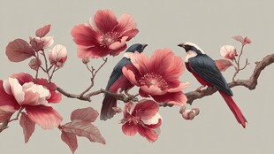 枝头双鸟伴繁花