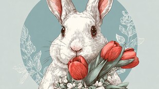 白兔衔红郁金香插画