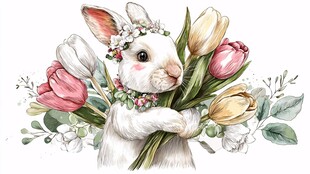 兔子抱花 春日浪漫氛围