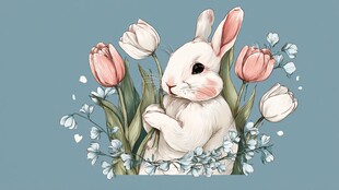 白兔伴郁金香清新插画