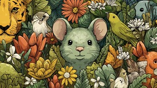 森林中的可爱动物与花卉