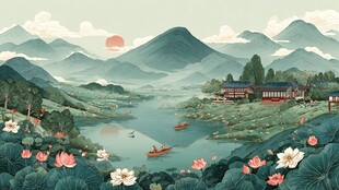 山水湖畔的诗意田园风光