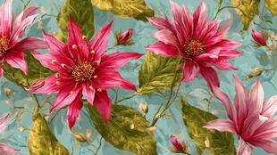 蓝底娇艳花卉图案