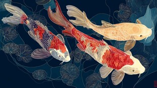 三条锦鲤畅游于荷塘间