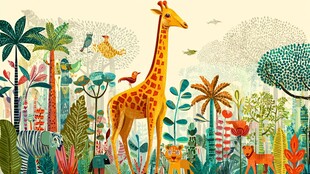 丛林中的长颈鹿与多彩动物