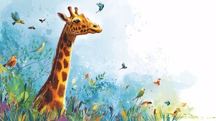 长颈鹿漫步于多彩鸟群间