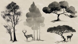 水墨风树木与鹿的写意图景