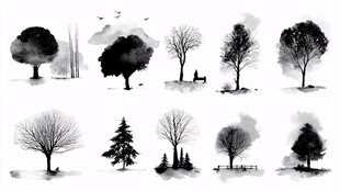 水墨风格树木插画集合