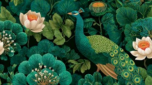 孔雀栖于繁花绿叶间