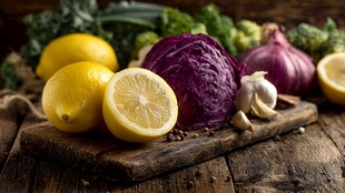 木砧板上的多样新鲜蔬果