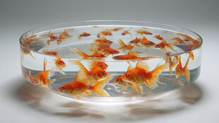 圆盆中游动的多彩小金鱼