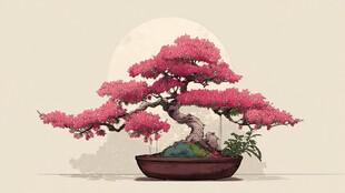 梦幻粉色盆景树艺术插画