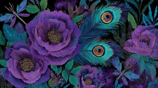 紫色花卉与孔雀羽图案