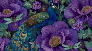 紫花间的孔雀与蜻蜓