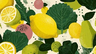 清新手绘风水果与绿叶图案