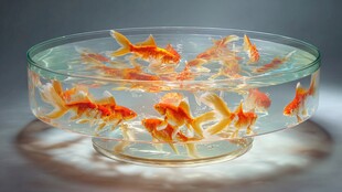 圆缸中游动的多彩金鱼