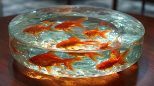 圆缸中游动的艳丽小金鱼