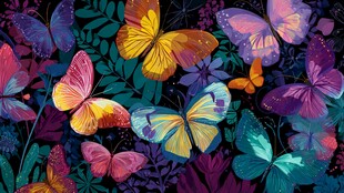 梦幻多彩蝴蝶与植物图景