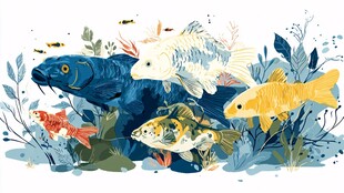 水中锦鲤畅游绿植间