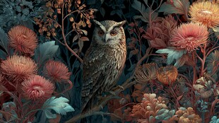 猫头鹰栖于繁花绿植间