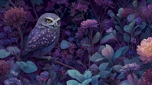 夜中猫头鹰栖于繁花之间