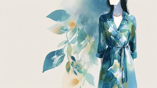 水墨风女子身着印花连衣裙