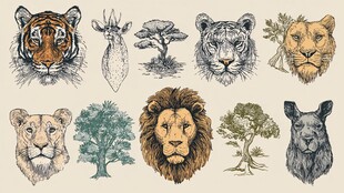 野生动物与树木手绘插画