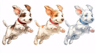 三只萌犬欢快跳跃