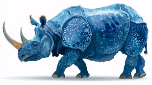 蓝色梦幻犀牛插画形象