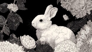 黑白插画中的兔子与花卉