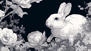 黑白插画中兔子与繁花