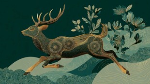 奔跑的中式花纹麋鹿插画