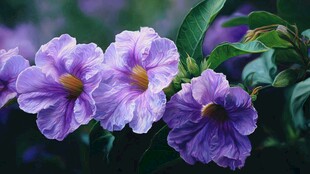 紫色娇花绽放绿叶间