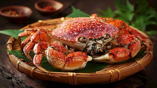 鲜美大螃蟹摆于竹盘之上