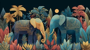 月夜丛林中的梦幻双象