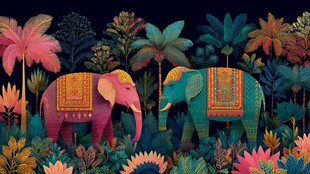 梦幻丛林中的彩饰大象