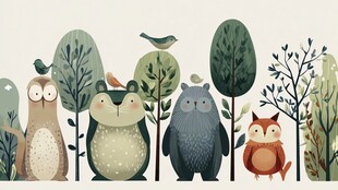 森林中的可爱动物与树木