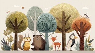 森林中的动物与树木聚会