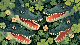 鳄鱼藏于花草间的景象