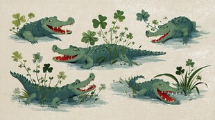 水彩风鳄鱼与花草插画