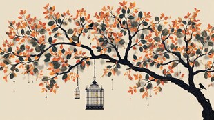 秋日树影下的精致鸟笼