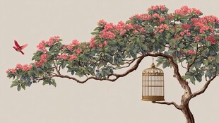 繁花枝头鸟笼与飞鸟