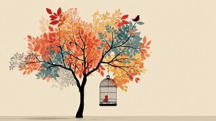 秋日树影下的鸟与鸟笼